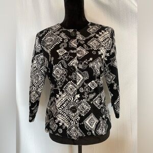 Coldwater Creek Black With White Floral Print 3/4 Sleeve Jacket Size 6